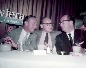 From left: George Burns, Jack Benny, Phil Silvers, at the Riviera Hotel, Las Vegas, Nevada, ca. 1956