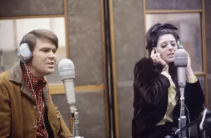 Singing Prints: From left: Glen Campbell, Bobbie Gentry during the recording of their Duets album at Capitol Studios