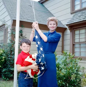 Patriotism Prints: From left: Jerry Mathers, Barbara Billingsley of LEAVE IT TO BEAVER, 1958