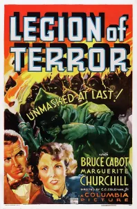 Crime Prints: LEGION OF TERROR, US poster art, from left: Bruce Cabot, Marguerite Churchill, 1936