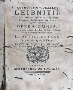 LEIBNIZ, Gottfried Wilhelm (1646-1716). Cover of the volume V of the Leibniz's "Complete Works" (Geneve, 1768). SPAIN. Barcelona. Barcelona University Library