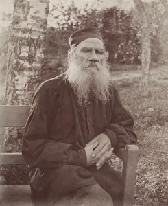 Tolstoy Prints: Leo Tolstoy in 1897 seated on an outside bench