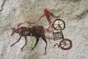 Prehistoric Prints: LIBYA. Tadrart Acacus. Representation of a cart pulled by an ox (c)