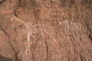 To Hunt Prints: LIBYA. Tadrart Acacus. Representation of a giraffe running away from a feline (12)