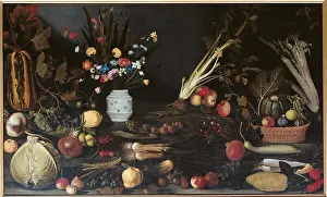 Food And Drink Prints: Still Life with Flowers, Fruit and Vegetables and Two Lizards