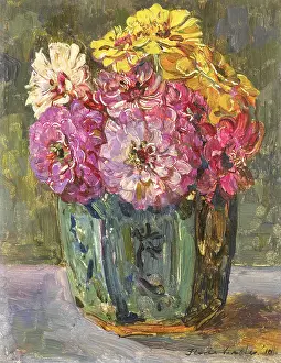 Bouquet Prints: Still Life with Zinnias in a Ginger Pot