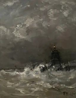 Hague School Prints: Lighthouse in Breaking Waves, by Hendrik Willem Mesdag