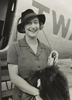 Playwright Prints: Lillian Hellman, in front of a TWA plane after arriving in Los Angeles in August 1935