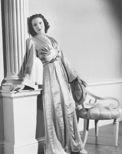 Darnell Prints: Linda Darnell in a tea gown designed by Royer, 1939