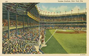 Professional Prints: Linen postcard of a baseball game played at Yankee Stadium
