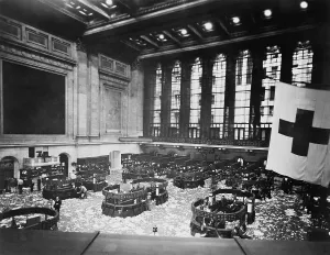 Wall Street Prints: Littered floor of New York Stock Exchange after a day trading session in the early 1920s