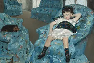 Plaid Prints: Little Girl in a Blue Armchair