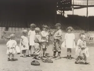 Ballpark Prints: Little Kids on a baseball field trying to get the upper hand on the bat