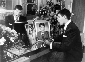 September Prints: LIVING IT UP, from left: Janet Leigh (in photo), Dean Martin (in photo), Jerry Lewis, 1954