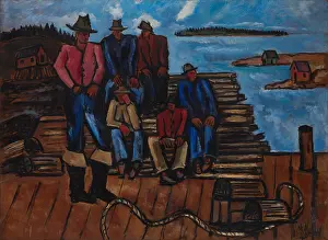 Modernist Prints: LOBSTER FISHERMEN, by Marsden Hartley, 1940-41, American painting, oil on hardboard