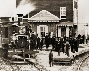 Stations Prints: Locomotive and crowd at Hanover Junction Railroad Station in Pennsylvania in 1863