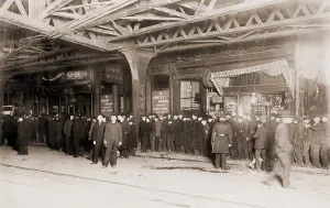 Depression Prints: Long Bread line with police presence, outside Bowery Mission in New York City, 1910