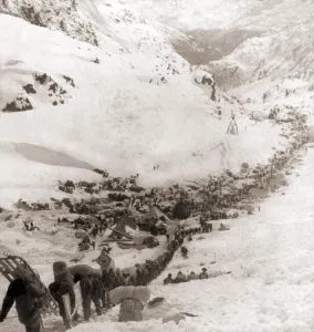 Climbers Prints: Long ribbon of miners bound for the Klondike gold fields climbing over the Chilcoot Pass