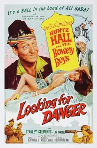 Laying Down Prints: LOOKING FOR DANGER, top: Huntz Hall, bottom: Joan Bradshaw on poster art, 1957