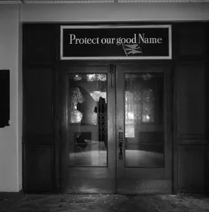 Vandalism Prints: Los Angeles, broken door of Goodyear Rubber Company