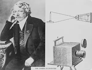 Inventors Prints: Louis Daguerre (1787-1851), with an illustration of the camera he invented. Ca. 1840