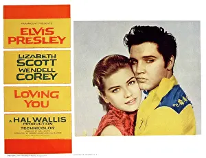 June Prints: LOVING YOU, US lobbycard, from left: Dolores Hart, Elvis Presley, 1957
