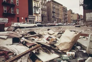 Environment Prints: In a low income residential neighborhood in northeast Manhattan an empty lot is strewn with trash at 108th street