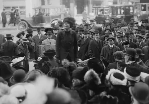 Lucy Prints: Lucy Burns (1879-1966), American suffragist and women's rights advocate speaking to a crowd of men in New York City