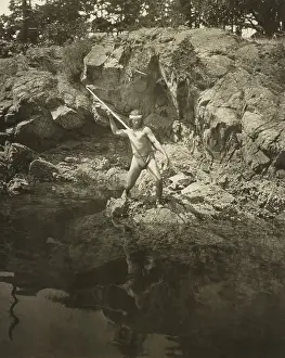 Fishing Prints: Lummi man aiming his spear at a salmon in the Puget Sound area