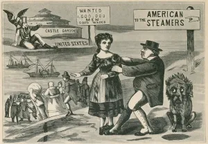 Industrial Revolution Prints: THE LURE OF AMERICAN WAGES. John Bull (personification of England) restrains a female emigrant