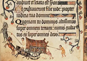 Carts Prints: Luttrell Psalter. 14th c. Blocked cart pulled by horses and helped by men