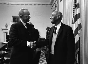 Domestic Politics Prints: Lyndon Johnson shakes hands with A. Philip Randolph (1889-1979)