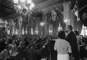 Political Conventions Prints: Lyndon Johnson speaking to a crowd while campaigning for the presidential nomination at the Democratic Convention