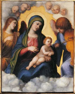 Madonna with Child, Two Angels and Cherubs, by Antonio Allegri known as Correggio, 1508 - 1510 about, 16th Century, oil on panel, cm 20 x 16 - Italy, Tuscany, Florence