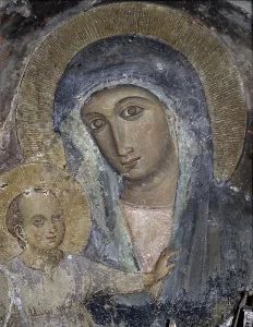 Madonna, by Unknown Artist, 14th Century, fresco - Italy, Calabria, Castrovillari, Church of Holy Mary of the Castle. Detail. Madonna with Child