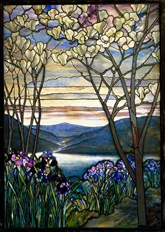 Foreground Prints: MAGNOLIAS AND IRISES, by Tiffany Studios, 1908, American stained glass