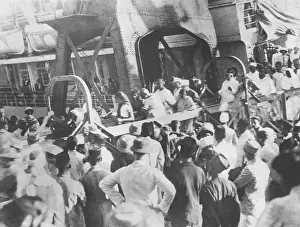 Welcoming Prints: Mahatma Gandhi walking down the gangway arriving at Bombay