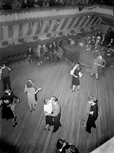 Orchestra Prints: Maher's dance hall, showing orchestra platform and dancers