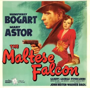 Humphrey Prints: THE MALTESE FALCON, from left: Humphrey Bogart, Mary Astor on window card, 1941