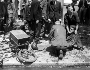 Bicycles Prints: Man injured by V-1 Buzz-bomb in London, 1944