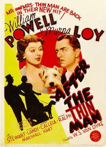Thin Man Prints: AFTER THE THIN MAN, from left: Myrna Loy, Asta, William Powell on midget window card, 1936