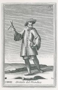 Prevention Prints: Man walking with a noise maker called a leper's clapper or beggar's clapper