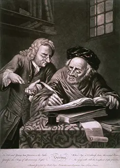 1700s Prints: Man wearing spectacles tallies an account book while another man counts coins