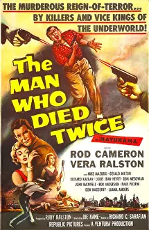 Shooting Prints: THE MAN WHO DIED TWICE, l-r: Vera Ralston, Rod Cameron on poster art, 1958
