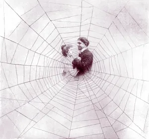 Graphic Design Prints: Man and woman in middle of spider web to illustrate the song