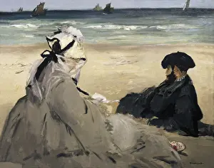 MANET, edouard (1832-1883). On the Beach. 1873. Madame Edouard Manet (1830-1906) and Eugene Manet (1833-1892), artist's wife and brother in Berck-sur-Mer. Impressionism