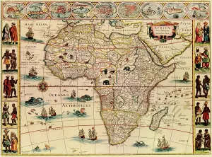 Slave Trade Prints: Map of Africa from 1660s. Top border depicts African cities