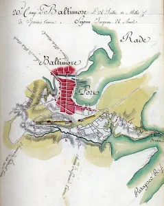 Lafayette Prints: Map of Baltimore. Drawn by du Chesnoy for Lafayette. 1778