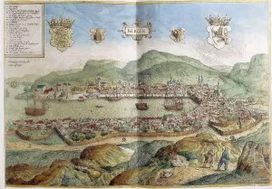 Bergen Prints: Map of Bergen in 16th c. Engraving