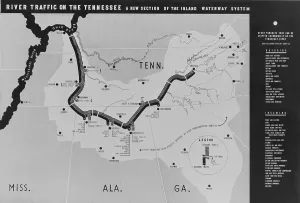 Valley Prints: Map diagrams the river transport development plan for the New Deal public works project authorized when President